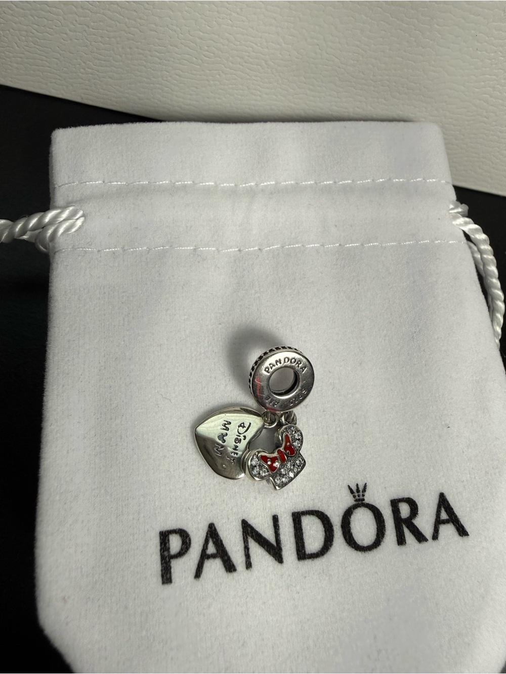 Pandora Silver Minnie Bow Heart Dangle Charm with Red Enamel
